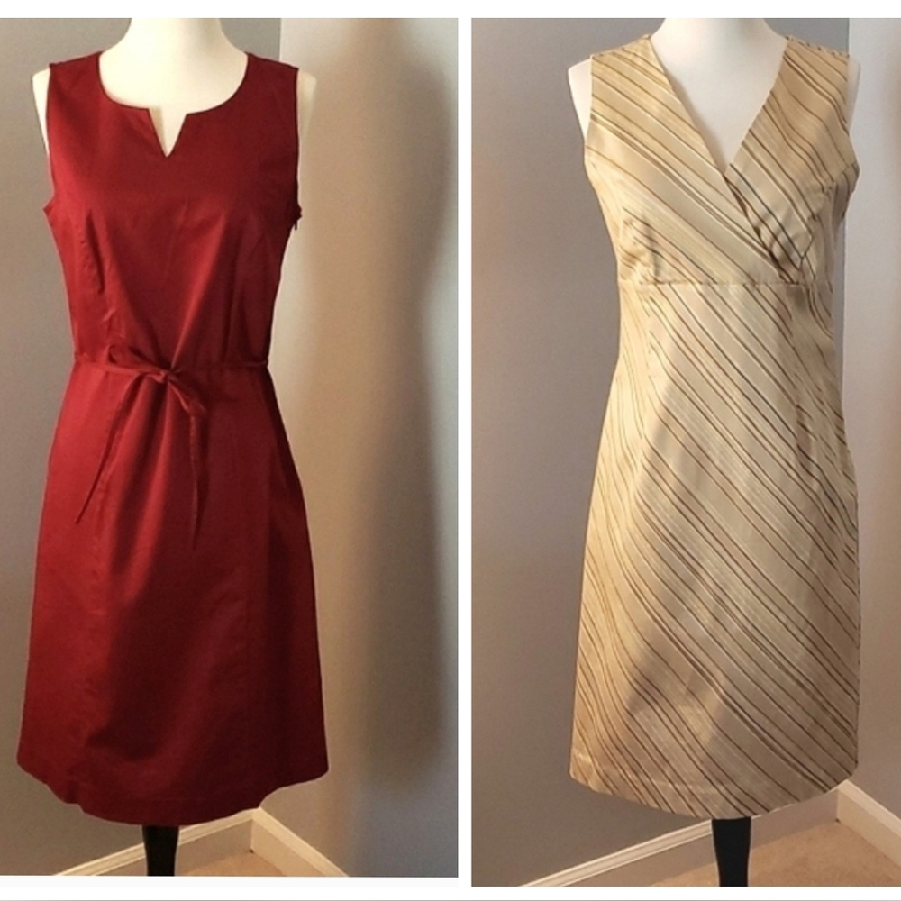 2 SHIFT DRESSES LINED BURGUNDY & OTHER IS CREAM BROWN TURQUOISE V NECKS SIDE ZIP